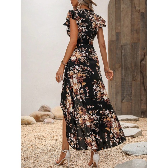 🌟 short sleeve high low Floral Print Ruffle Hem midi Dress - Picture 2 of 11